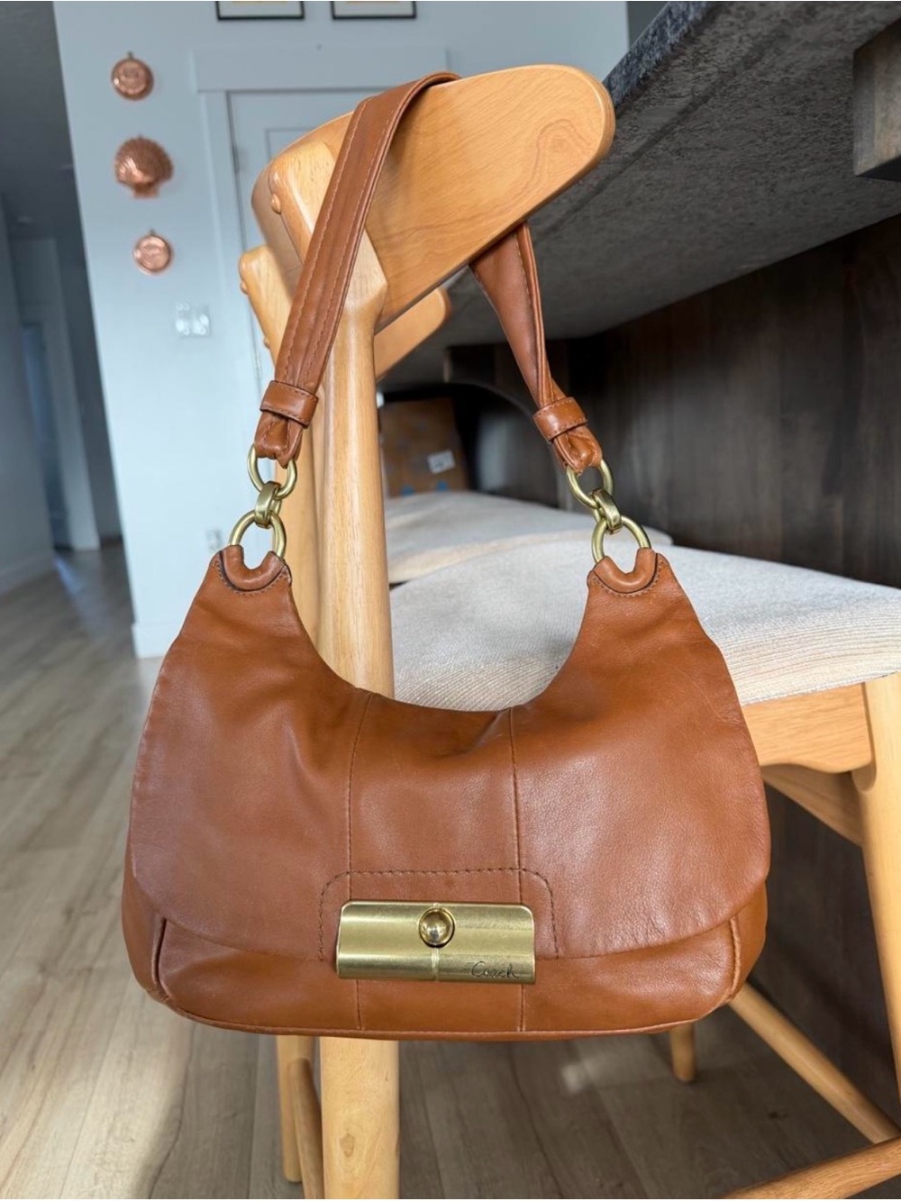 Coach Tan Leather Shoulder Hobo Bag with Gold Hardware